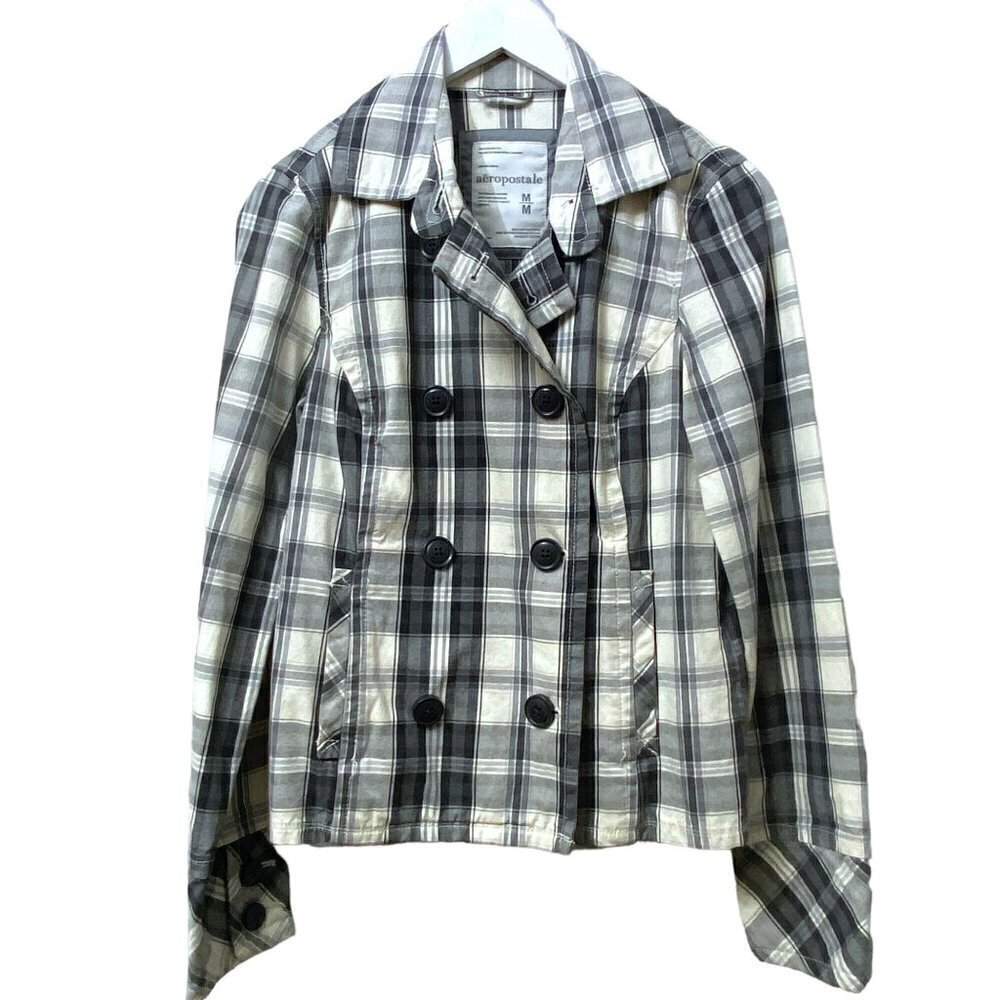 AEROPOSTALE Pea Coat Jacket Medium Gray Plaid Cotton Womens